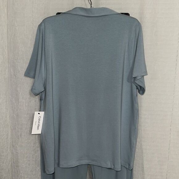 CK L Slate Seafoam Blue Modal Blend Notched Collar Short Sleeve Top Wide Leg PJ - Picture 6 of 16